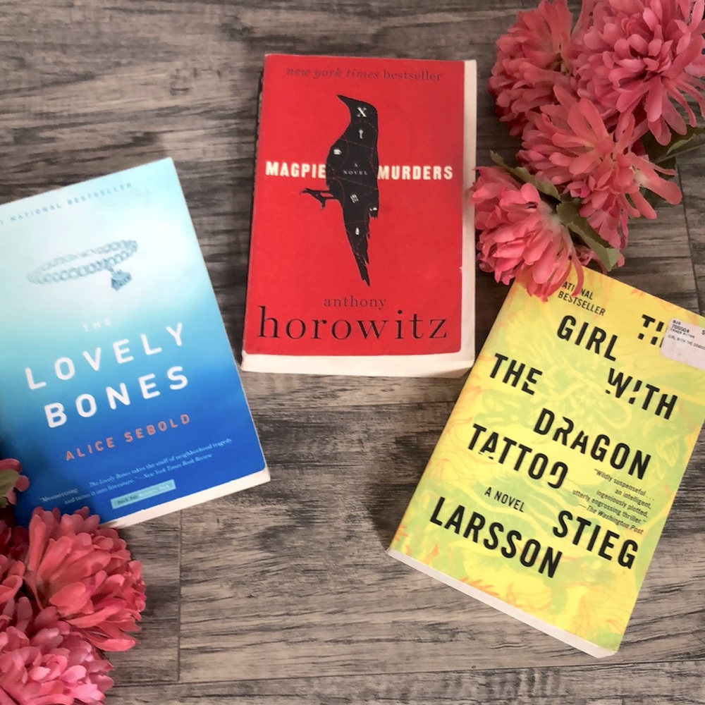 LOVELY BONES, MAGPIE MURDERS, GIRL WITH THE DRAGON TATTOO lot 3 paperback books